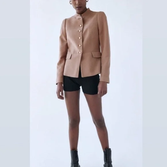Zara Tailored Mandarin Collar Blazer Beige- Pink NWT - Picture 2 of 6